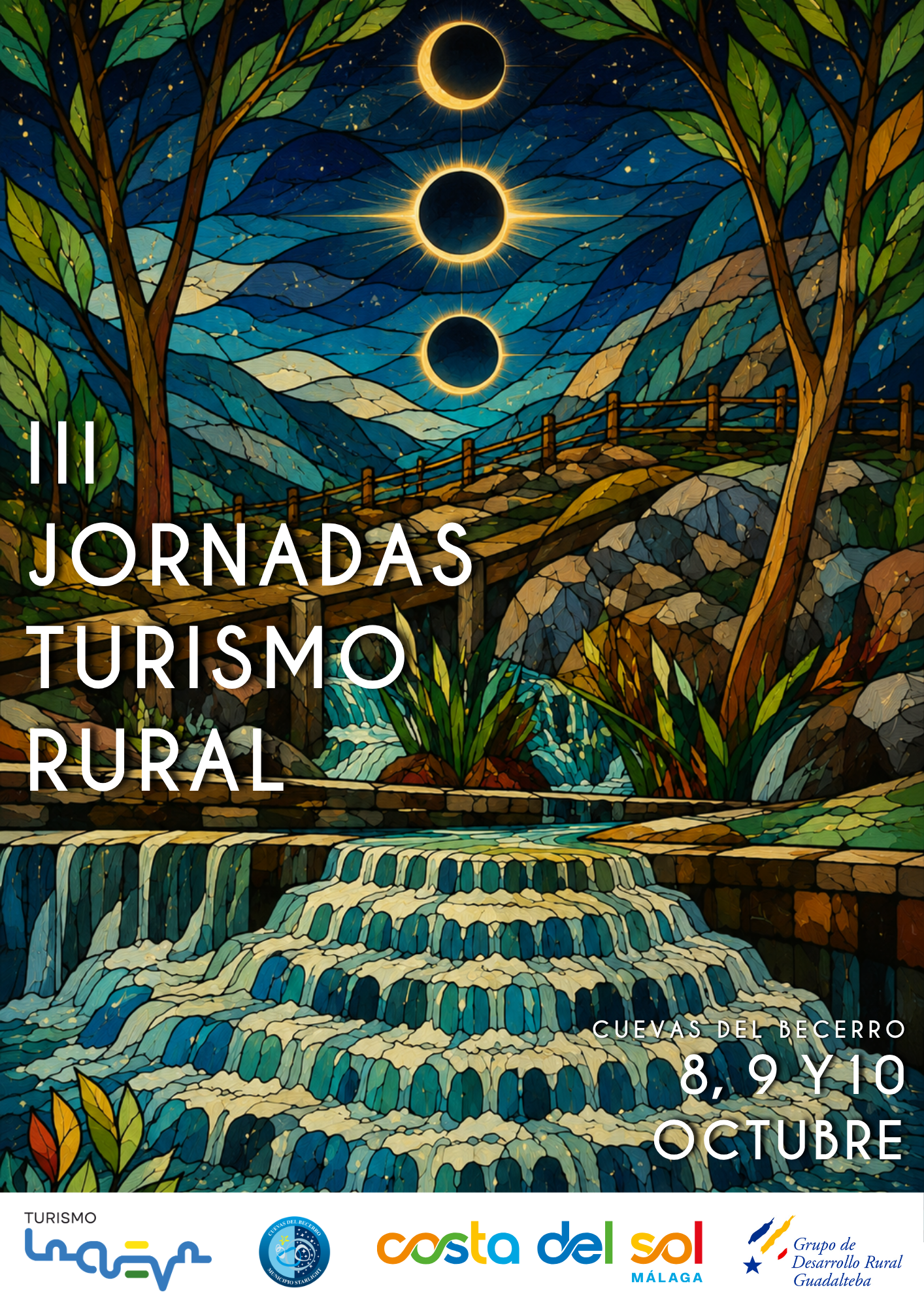 Cartel Jornadas de Turismo Rural Cuevas del Becerro. Trio de eclipses. Agua El Nacimiento